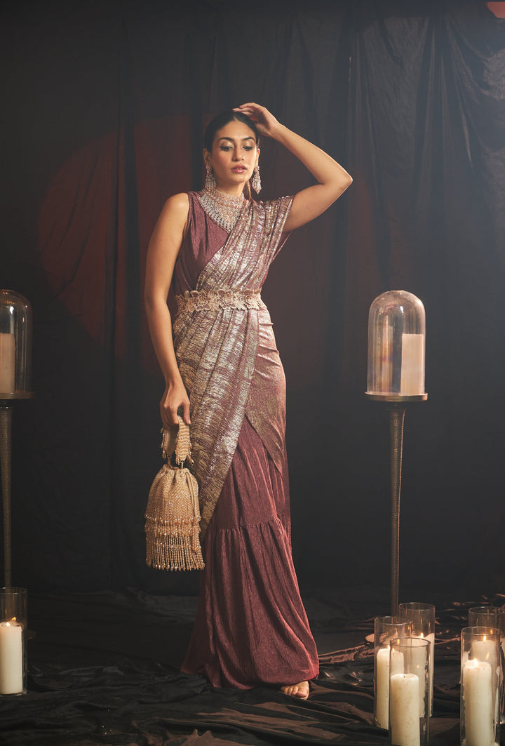 Magnificent Metallic Gown Saree with Belt - Wine