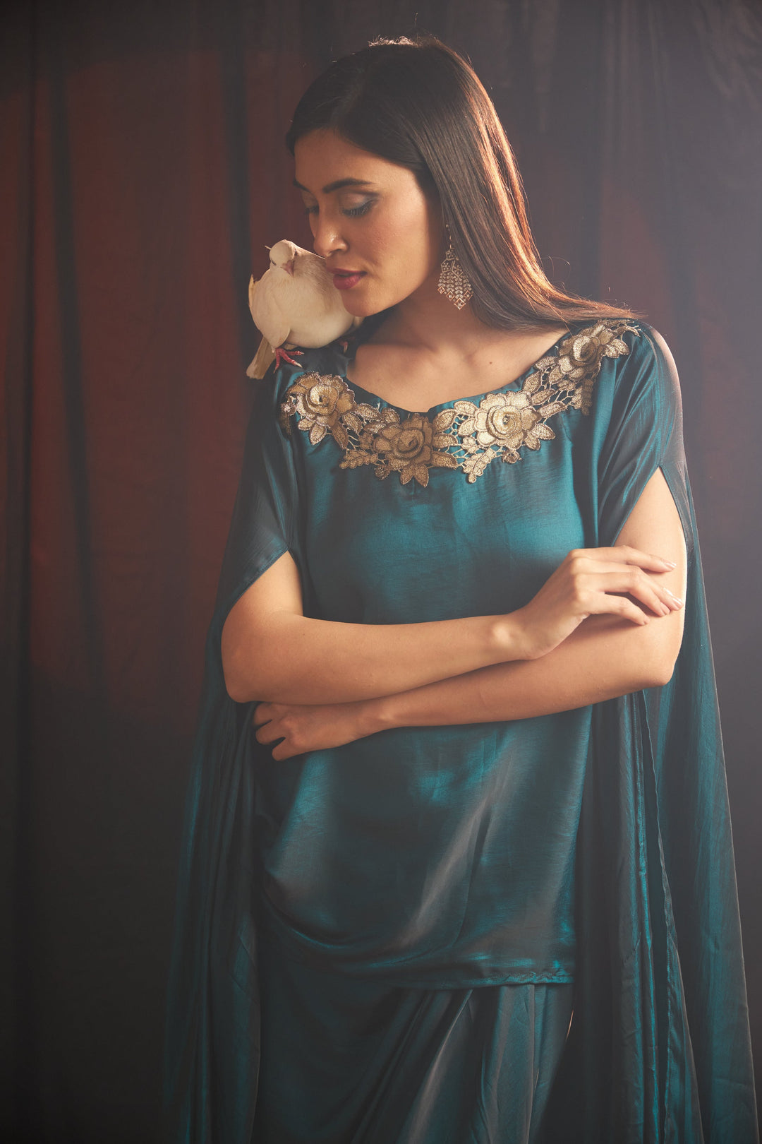 Avyah Divine Cape with Dhoti Skirt - Deep Teal