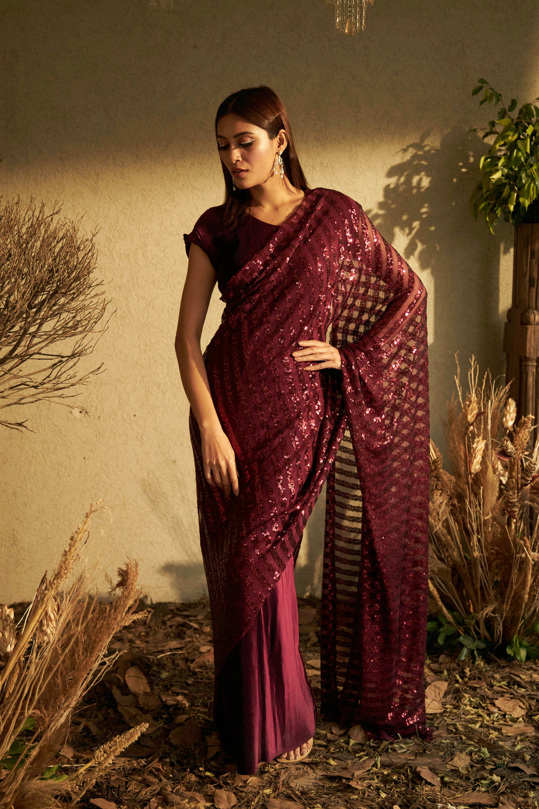 Idylic Adorned Gown Saree with Sequins Palla - Mulberry