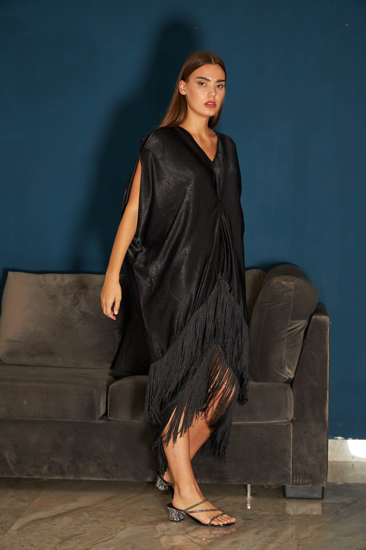 Siciley Satin Slip Easy Cowl Fringe Dress - Black