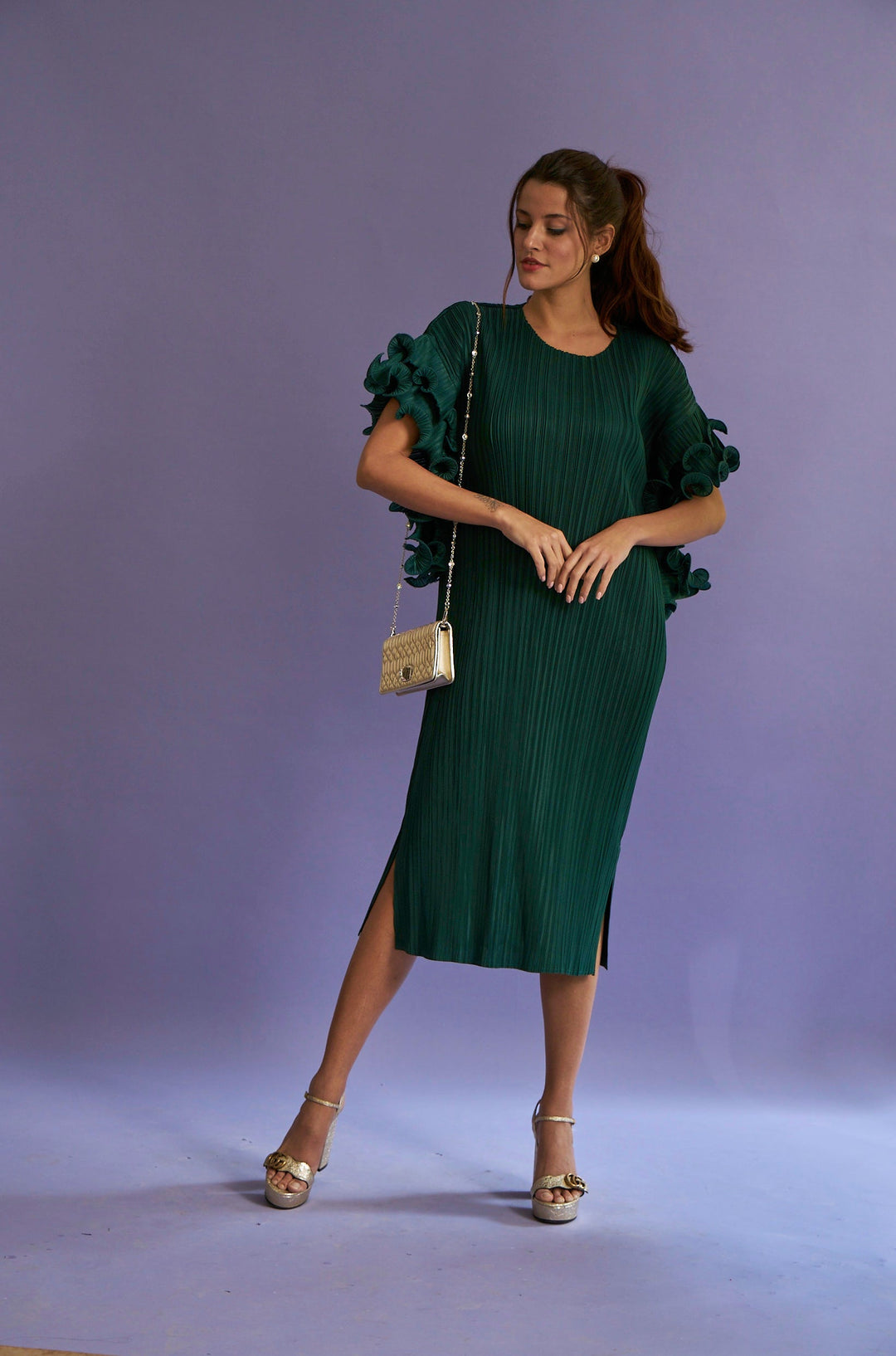 PLEATED RUFFLE SLEEVES DRESSS