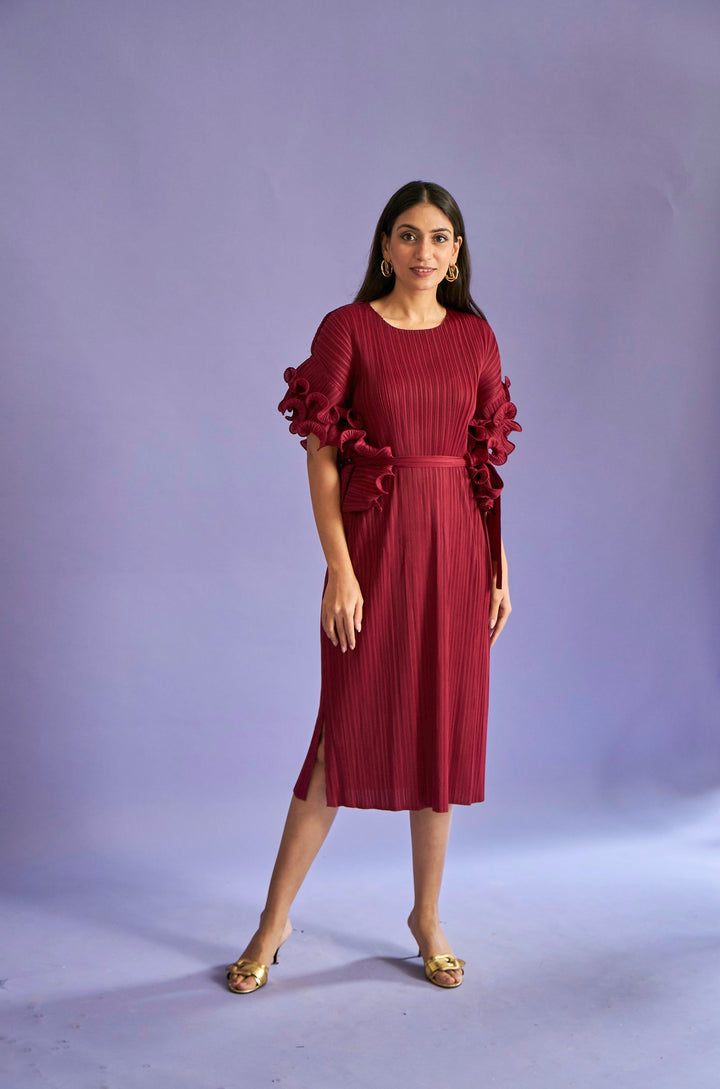 Rosalynn Ruffle Sleeved Dress - burgundy