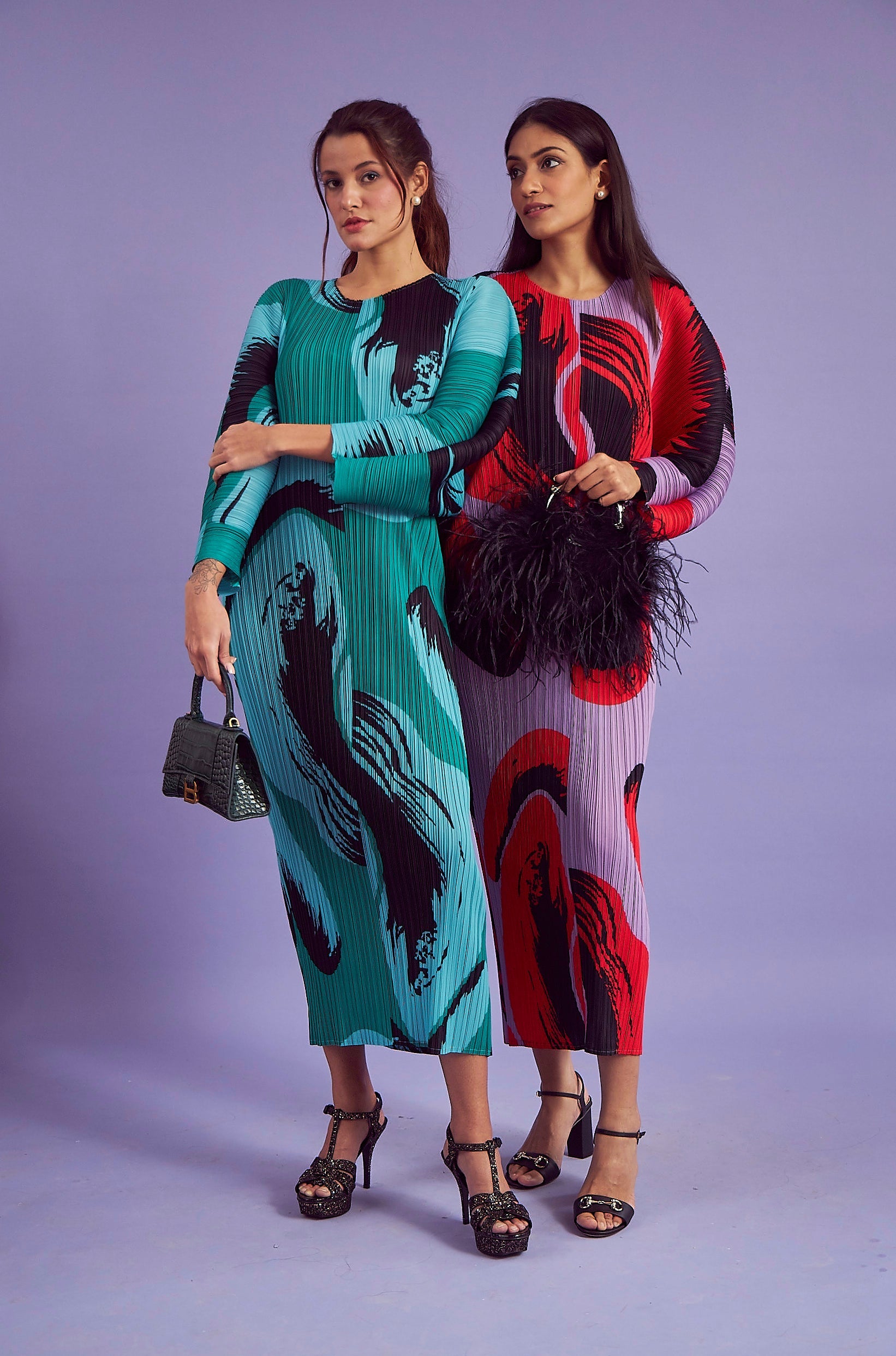 Wesley Voluminous Sleeve Plisse Dress - Abstract Green