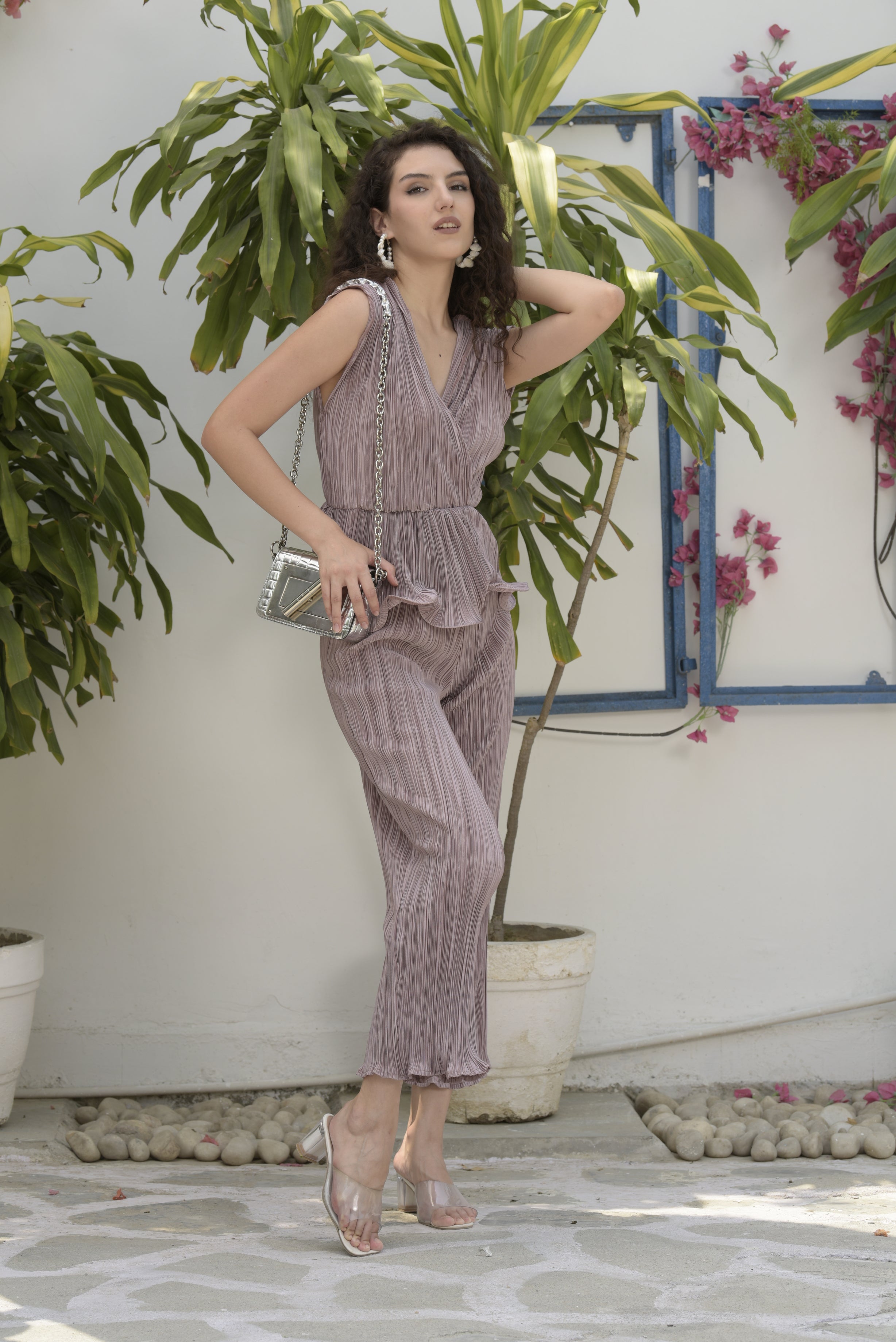 Valentina Surplice Neck Top With Pants - Lilac