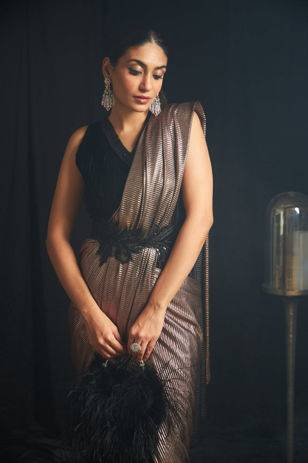 Magnificent Metallic Velvet Gown Saree with Belt - Russet