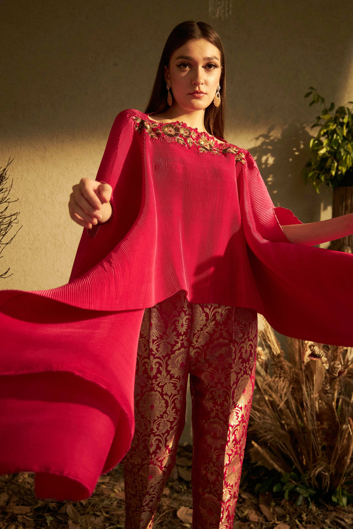 Divine Embroidered Cape with Brocade Pants - Magenta