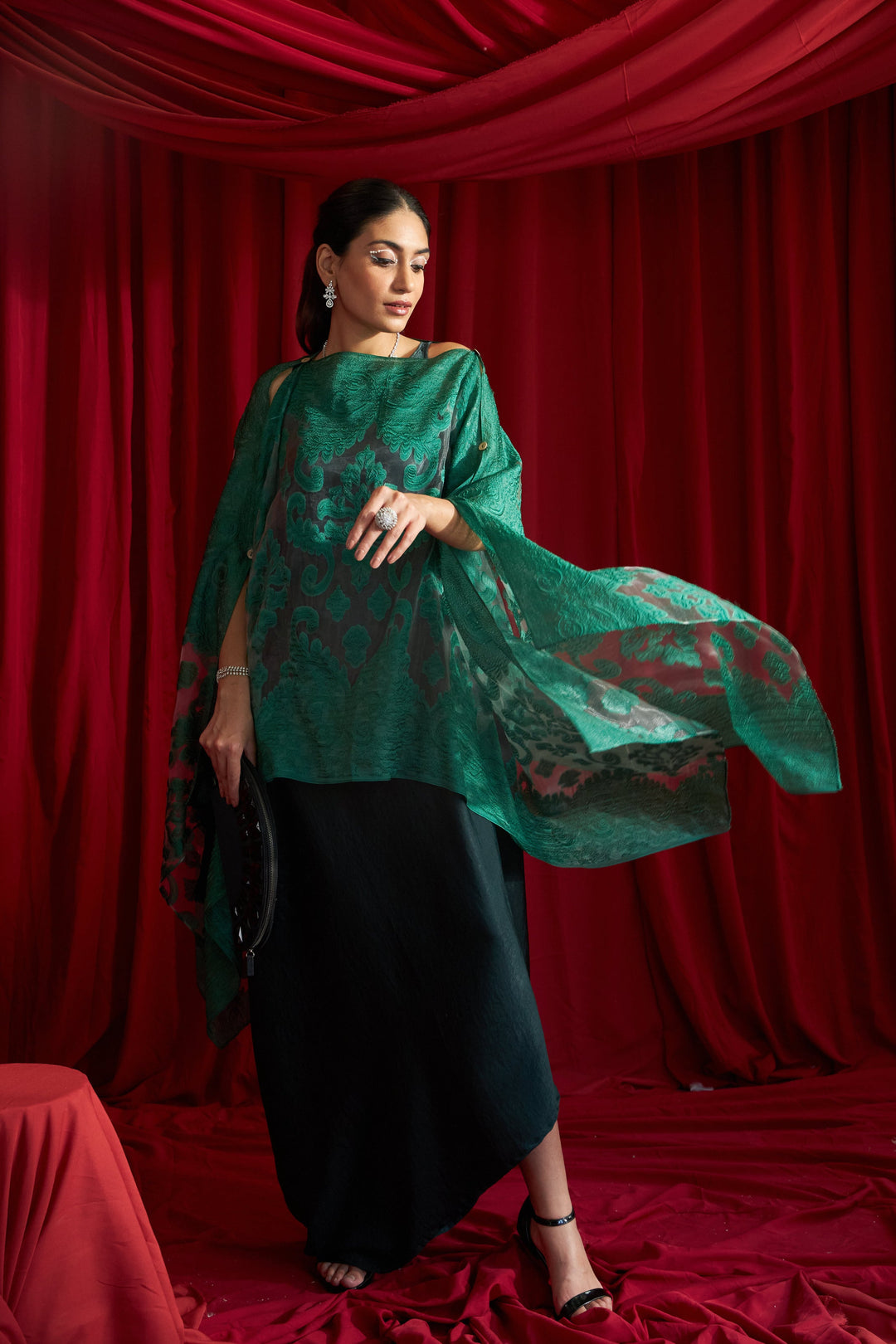 Slip Easy Dress With Organza Cape - Emerald Green