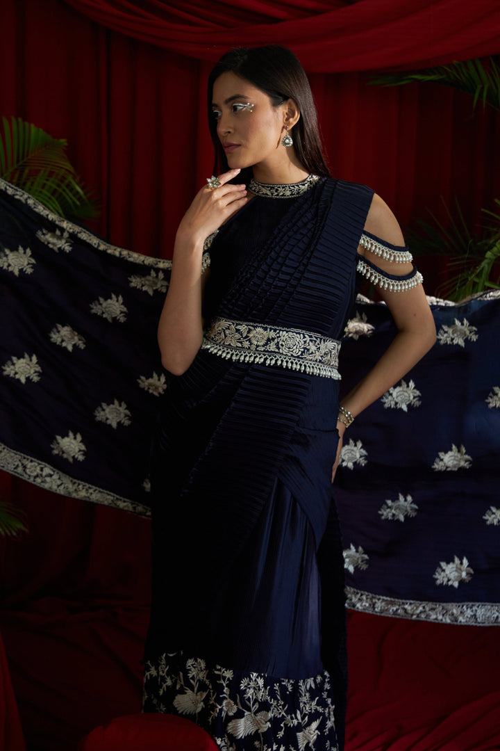 Reyna Gara Glazed Classy Pleated Gown Saree with Belt - Navy Blue