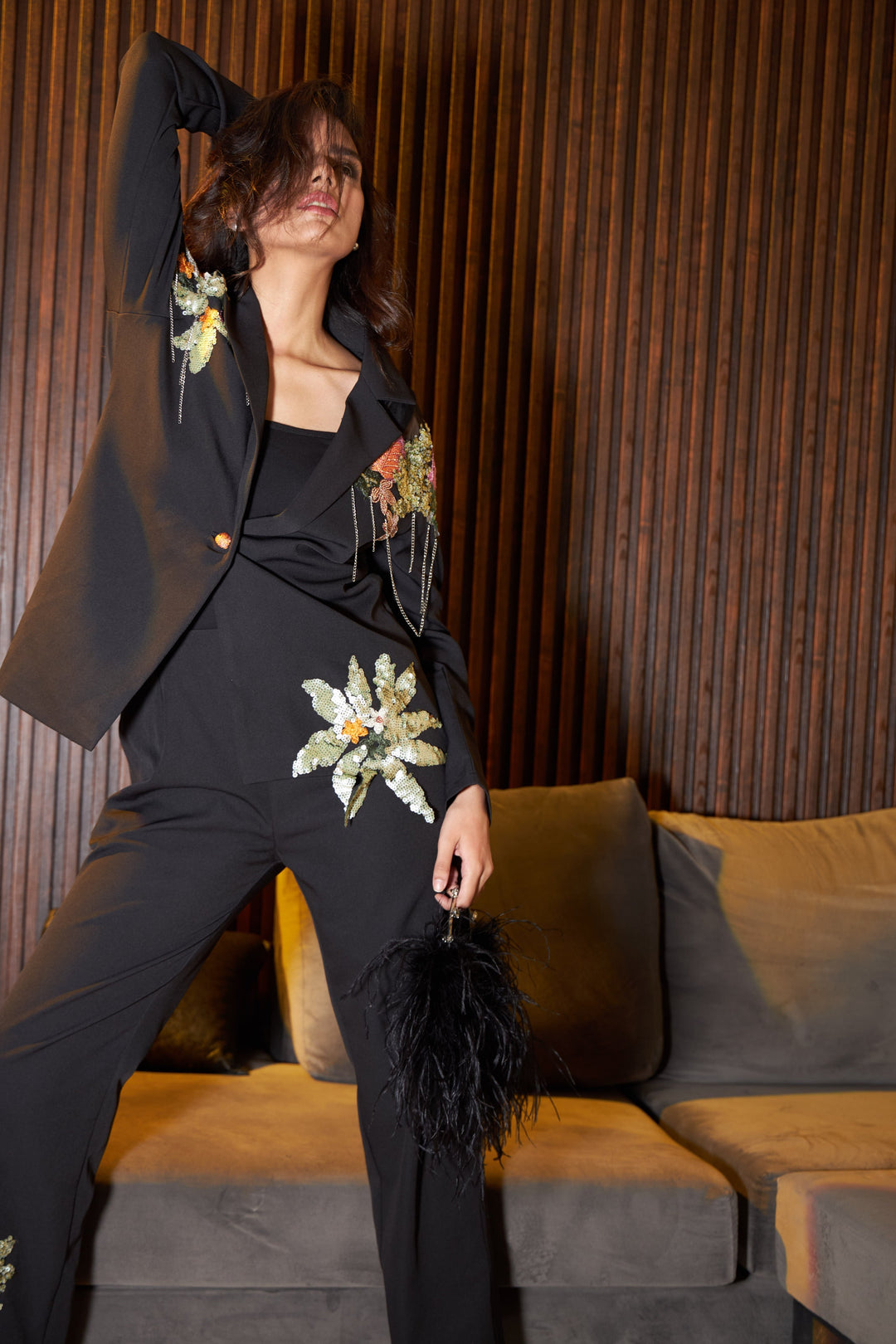 Bianca Floral Blazer with Sequins Top and Coordinated Pants - Black