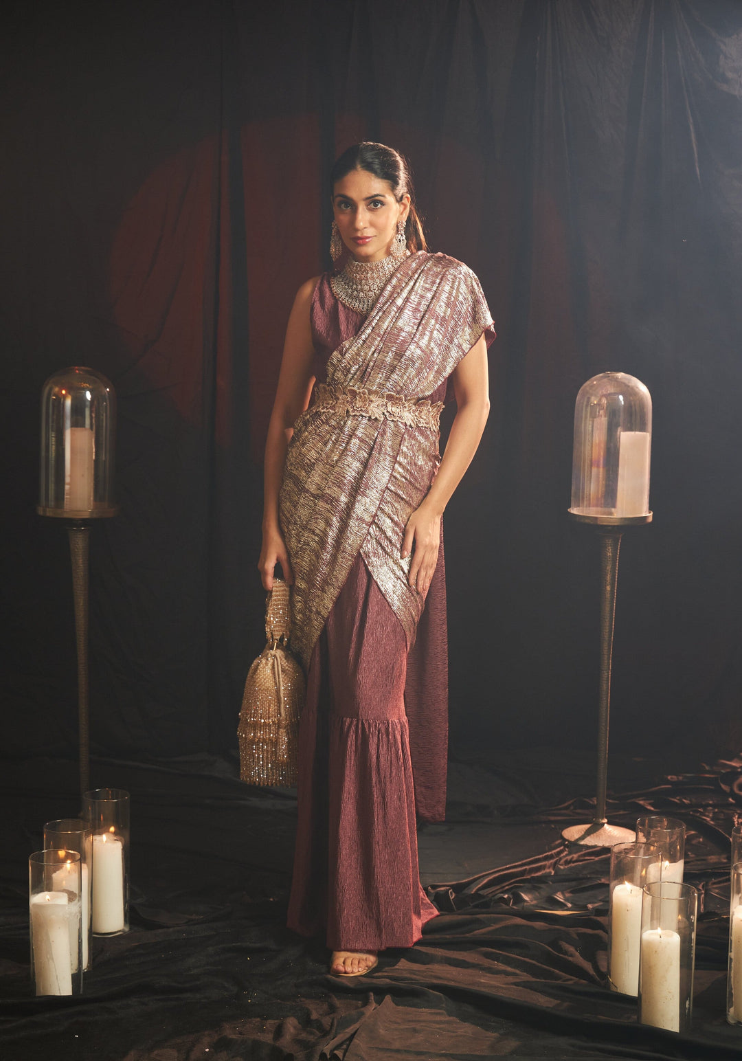 Magnificent Metallic Gown Saree with Belt - Wine