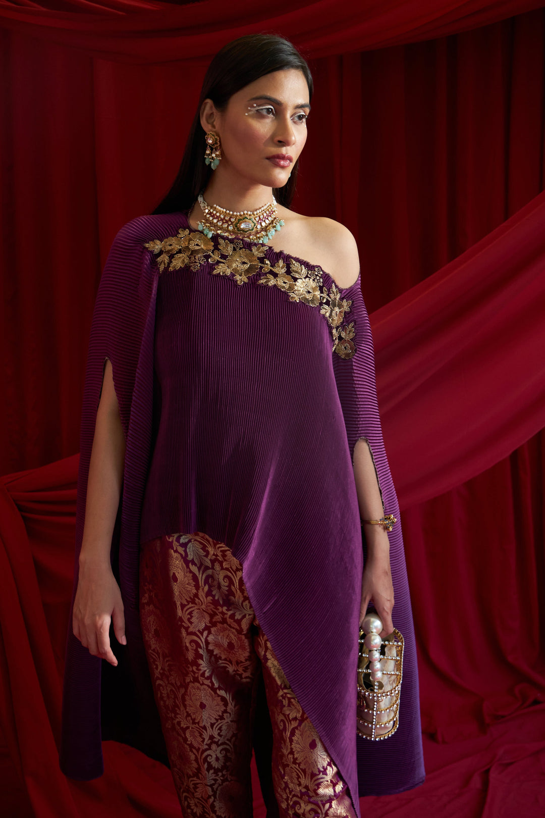 Divine Embroidered Cape with Brocade Pants - Hibiscus