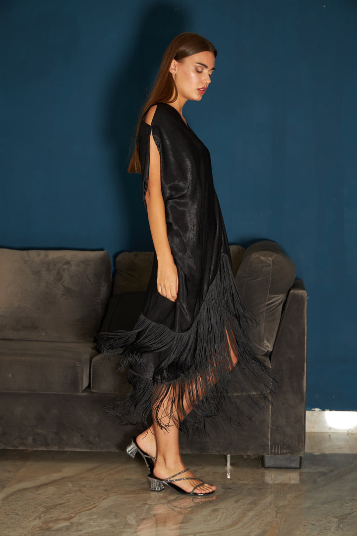 Siciley Satin Slip Easy Cowl Fringe Dress - Black