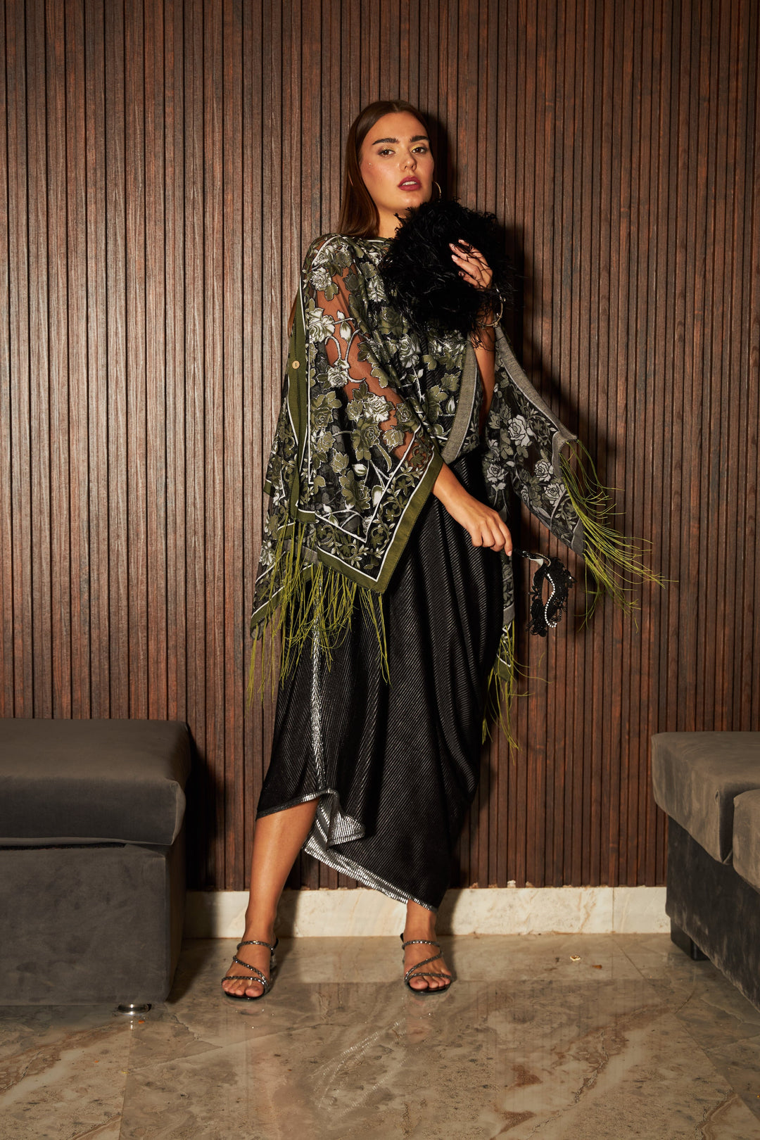 Slip Easy Dress with Floral Fringe Cape- Olive