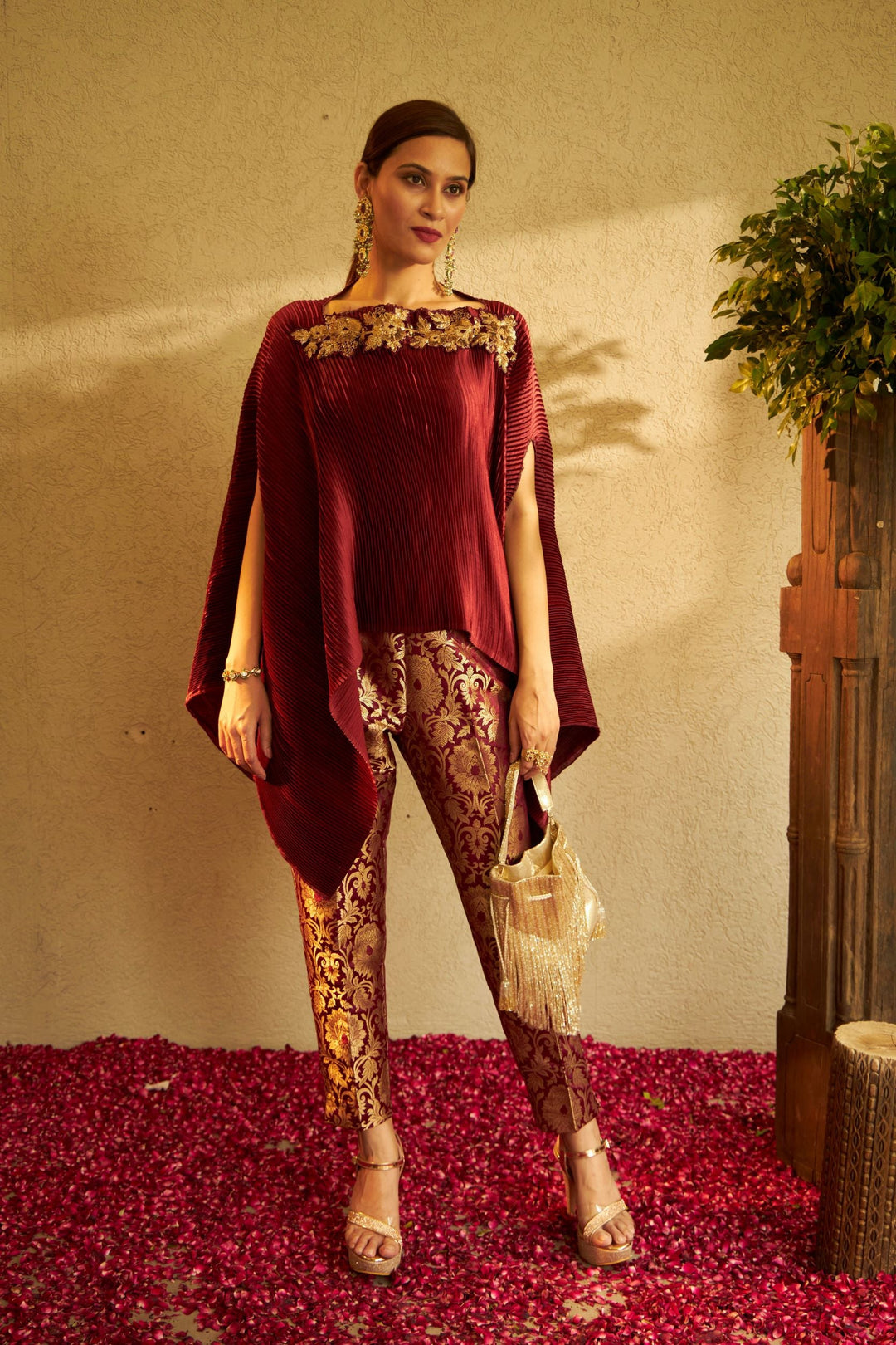 Divine Embroidered Cape with Brocade Pants - Maroon