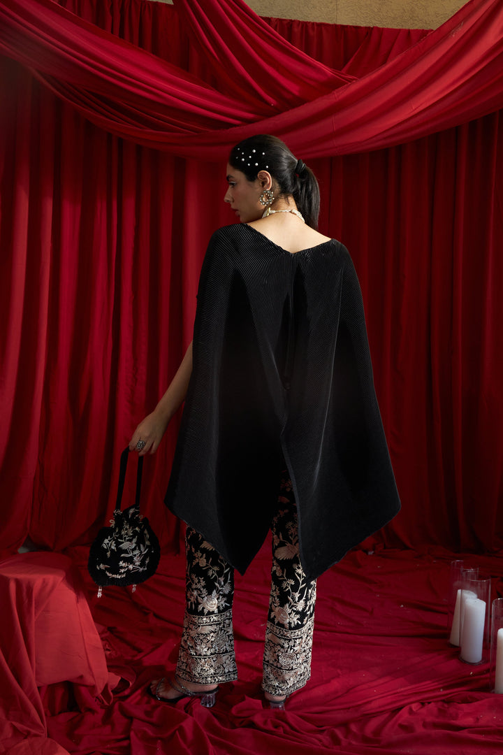 Reyna Gara Glazed Embroidered Pleated V- Neck Cape Coordinated with Straight Pants - Black