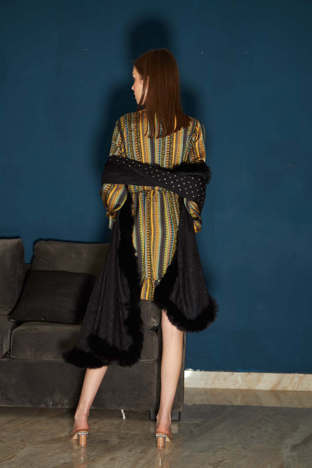Maria Multicolored Satin Striped Dress - Black