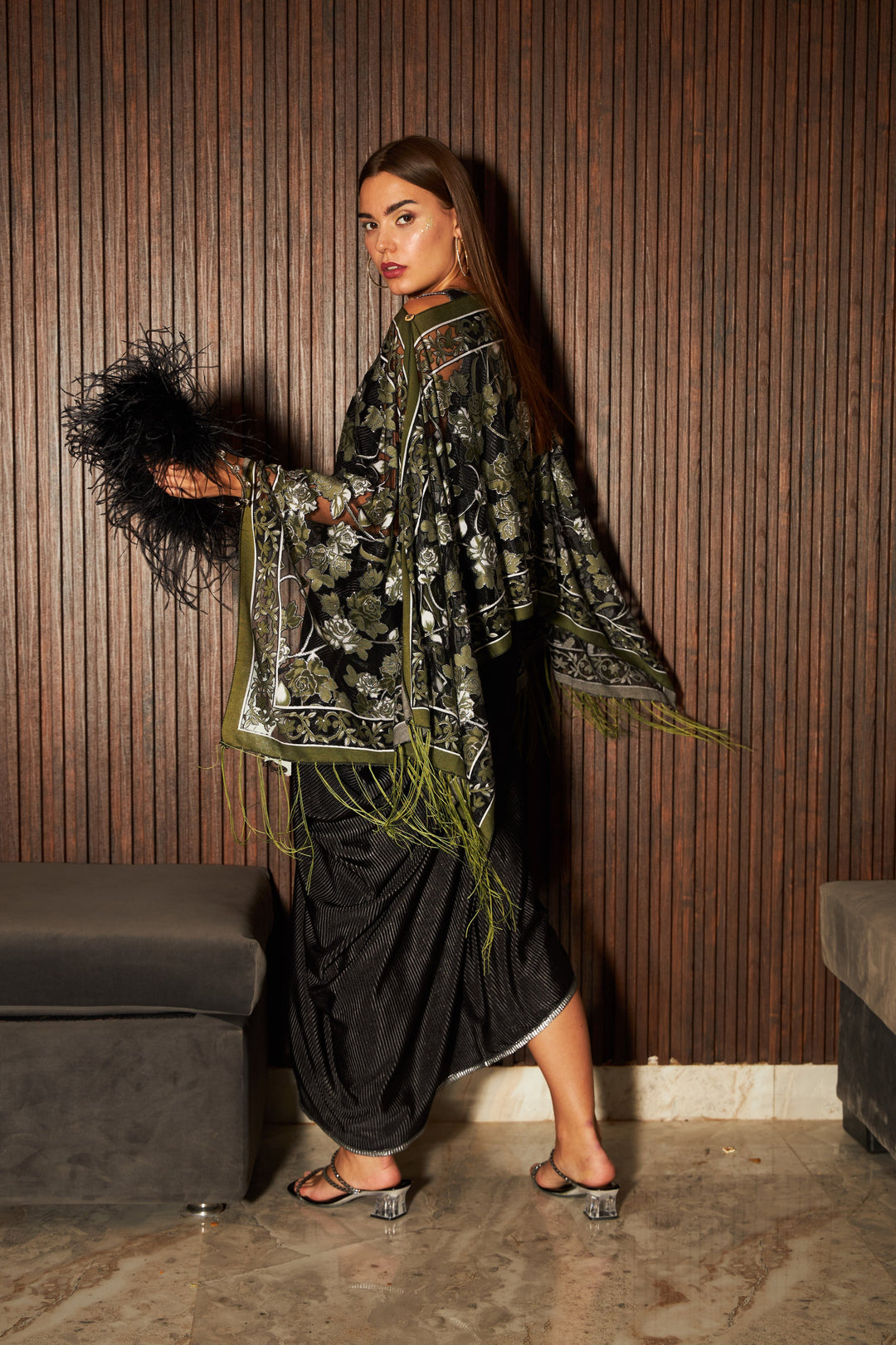 Slip Easy Dress with Floral Fringe Cape- Olive