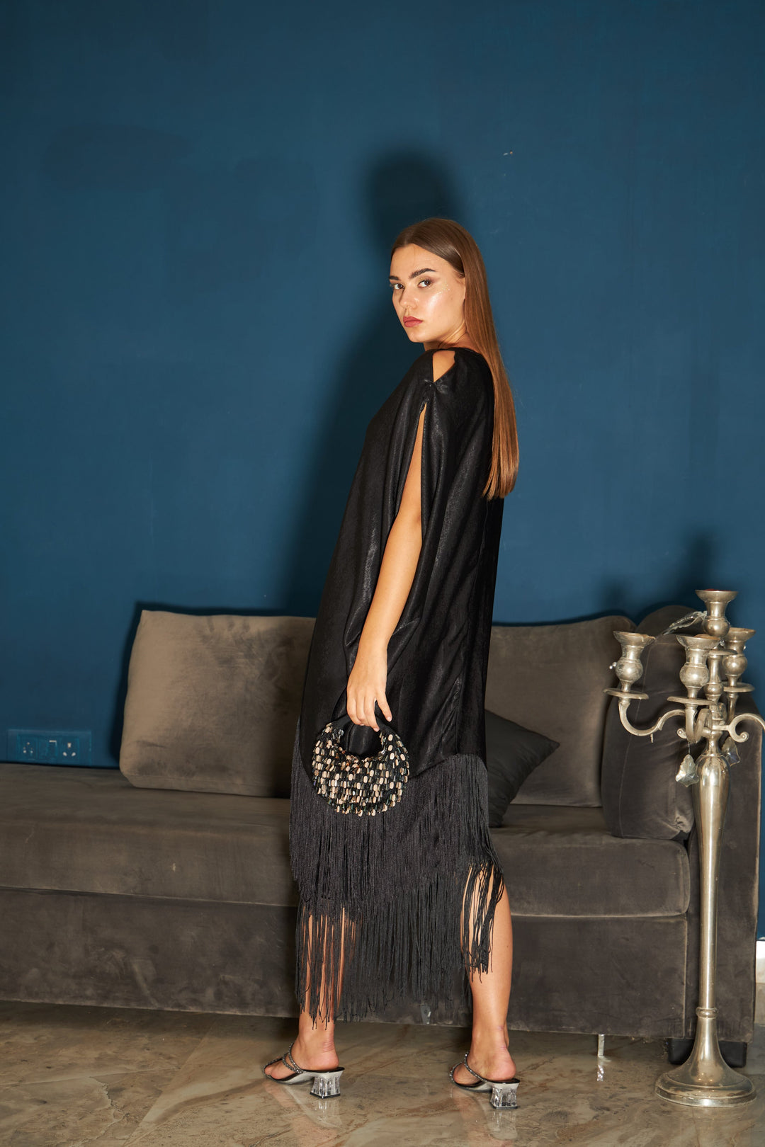 Siciley Satin Slip Easy Cowl Fringe Dress - Black