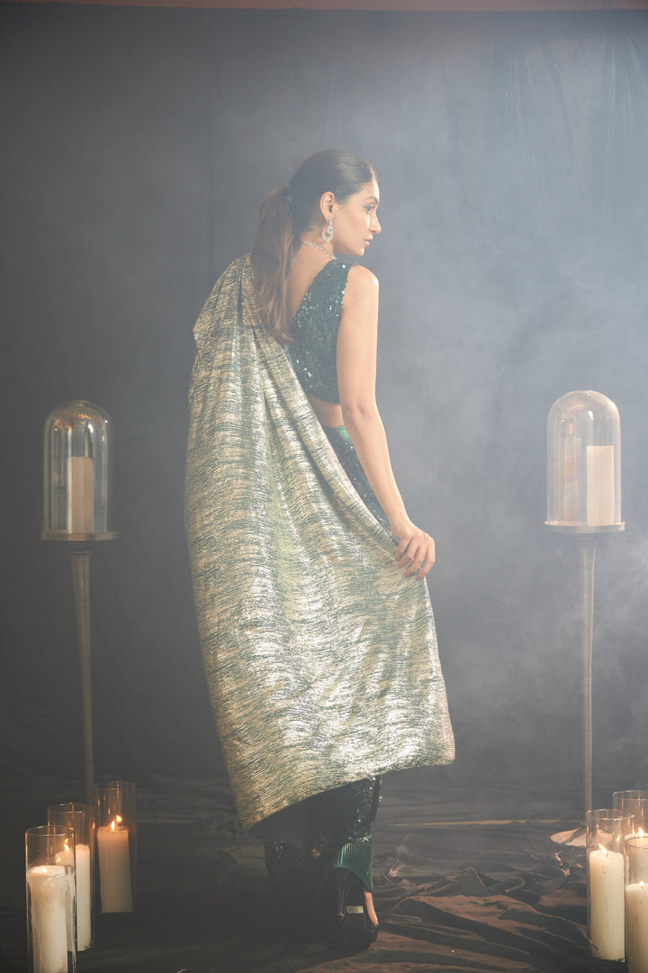 Charmaine Drape Saree with Sequins Blouse - Emerald Green
