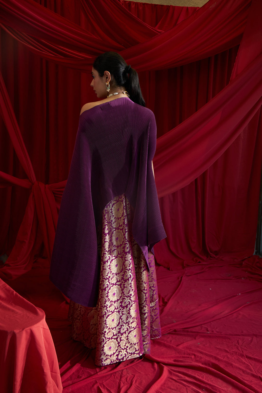 Divine Embroidered Cape with Brocade Ghagra - Hibiscus