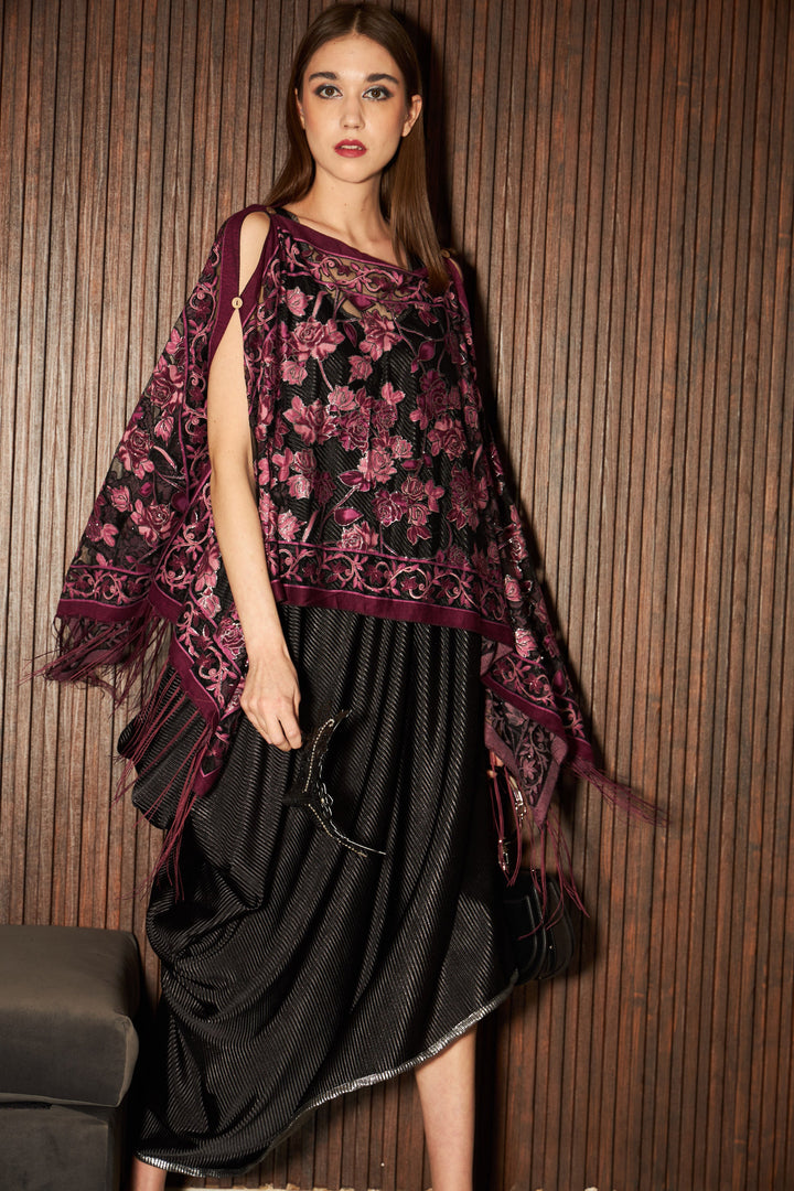 Slip Easy Dress with Floral Fringe Cape- Wine