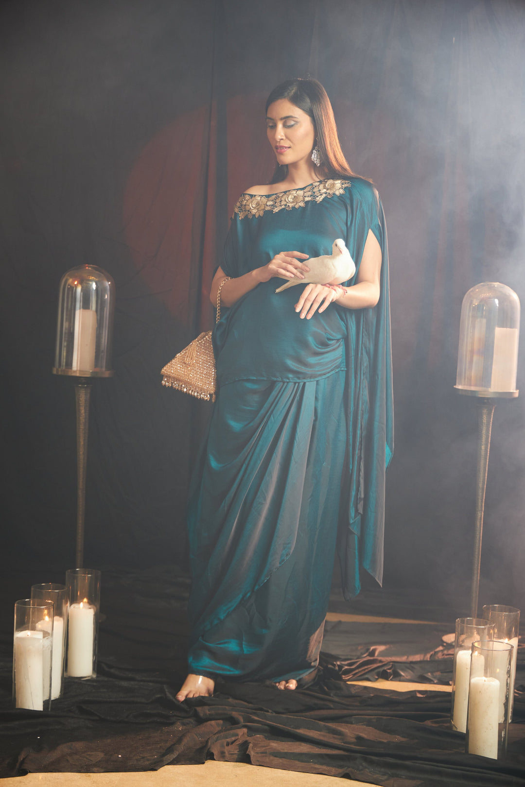 Avyah Divine Cape with Dhoti Skirt - Deep Teal