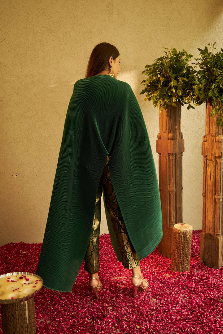 Divine Embroidered Cape with Brocade Pants - Green