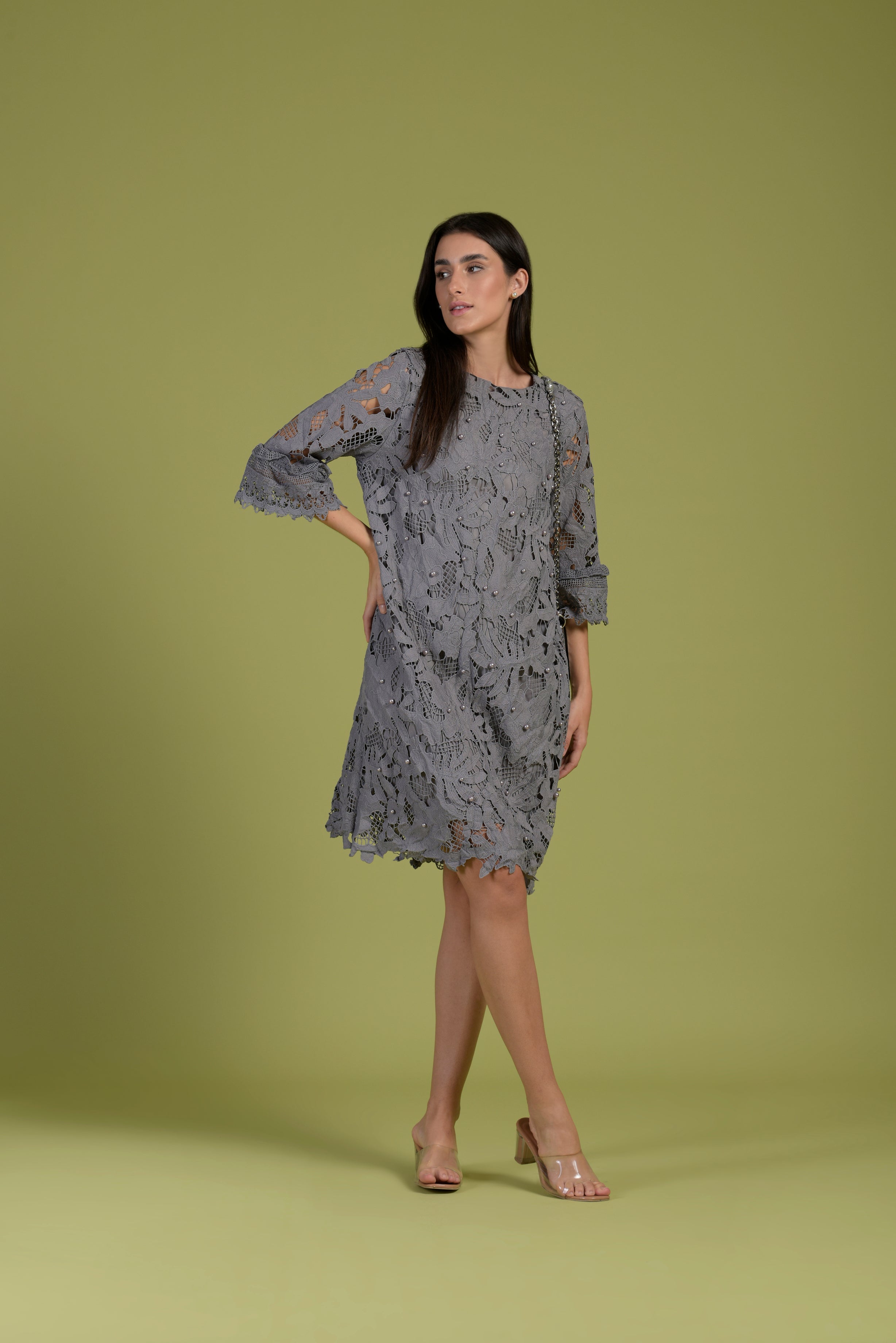 Myra Mesh Pearl Oak Dress - Grey