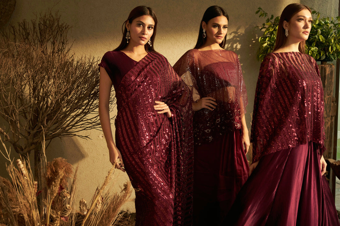 Idylic Adorned Gown Saree with Sequins Palla - Mulberry