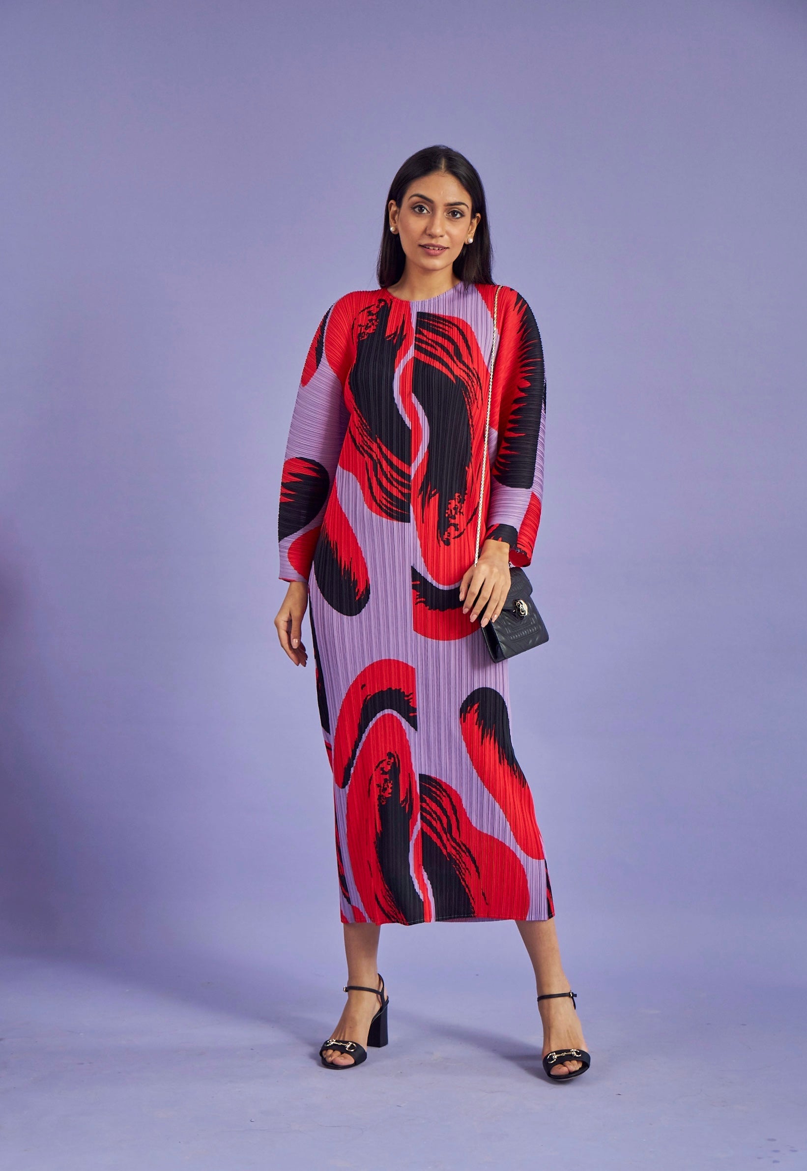 Wesley Voluminous Sleeve Plisse Dress - Abstract Purple