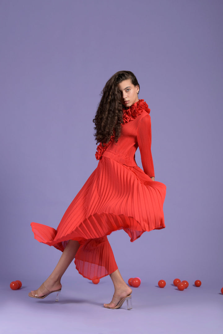 Raspberry Ruffle Long Flared Dress - Rose