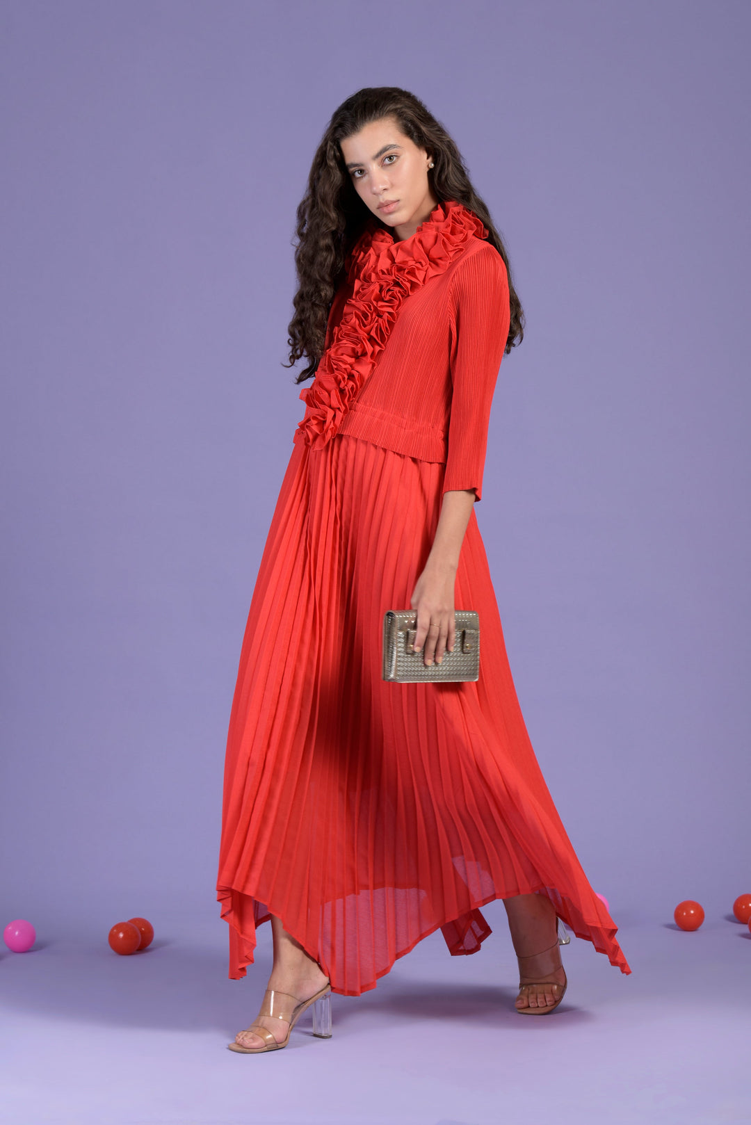 Raspberry Ruffle Long Flared Dress - Rose