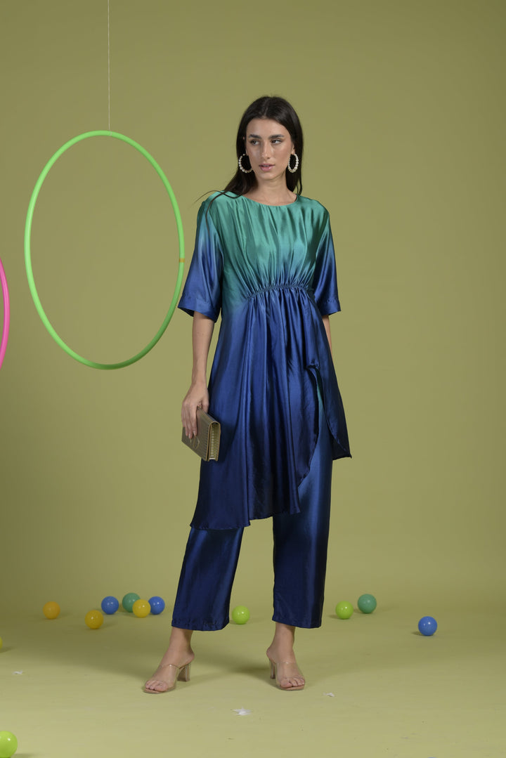 Siciley Satin Silk Cinched In Dress with Ombré Pleated Pants- Peacock
