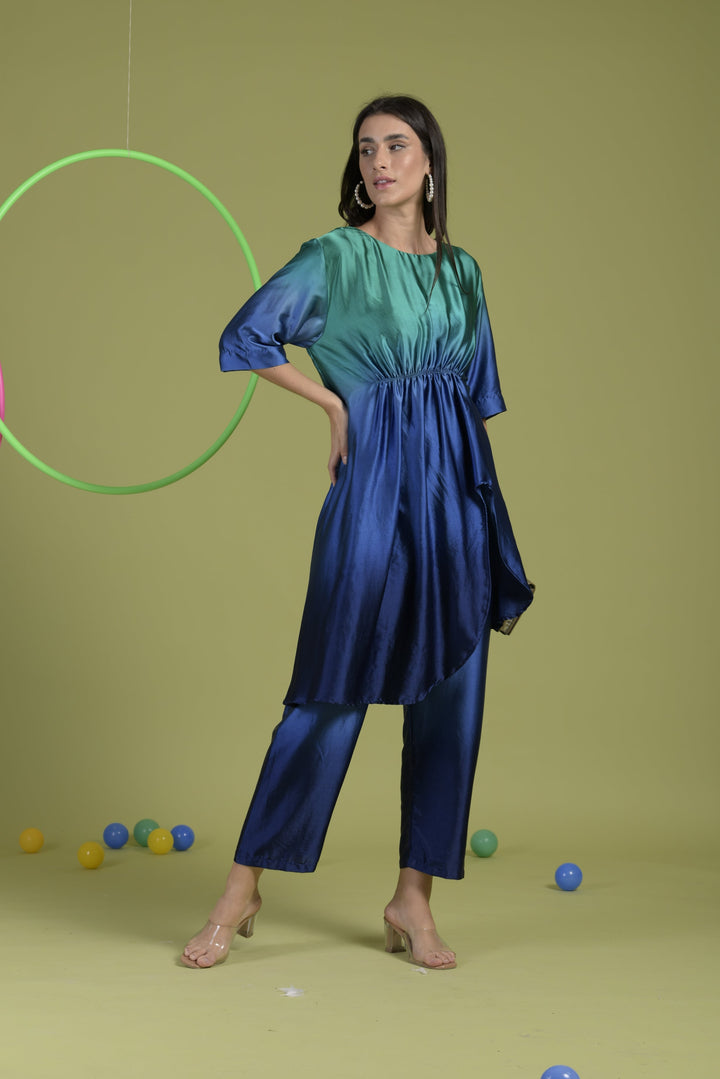Siciley Satin Silk Cinched In Dress with Ombré Pleated Pants- Peacock