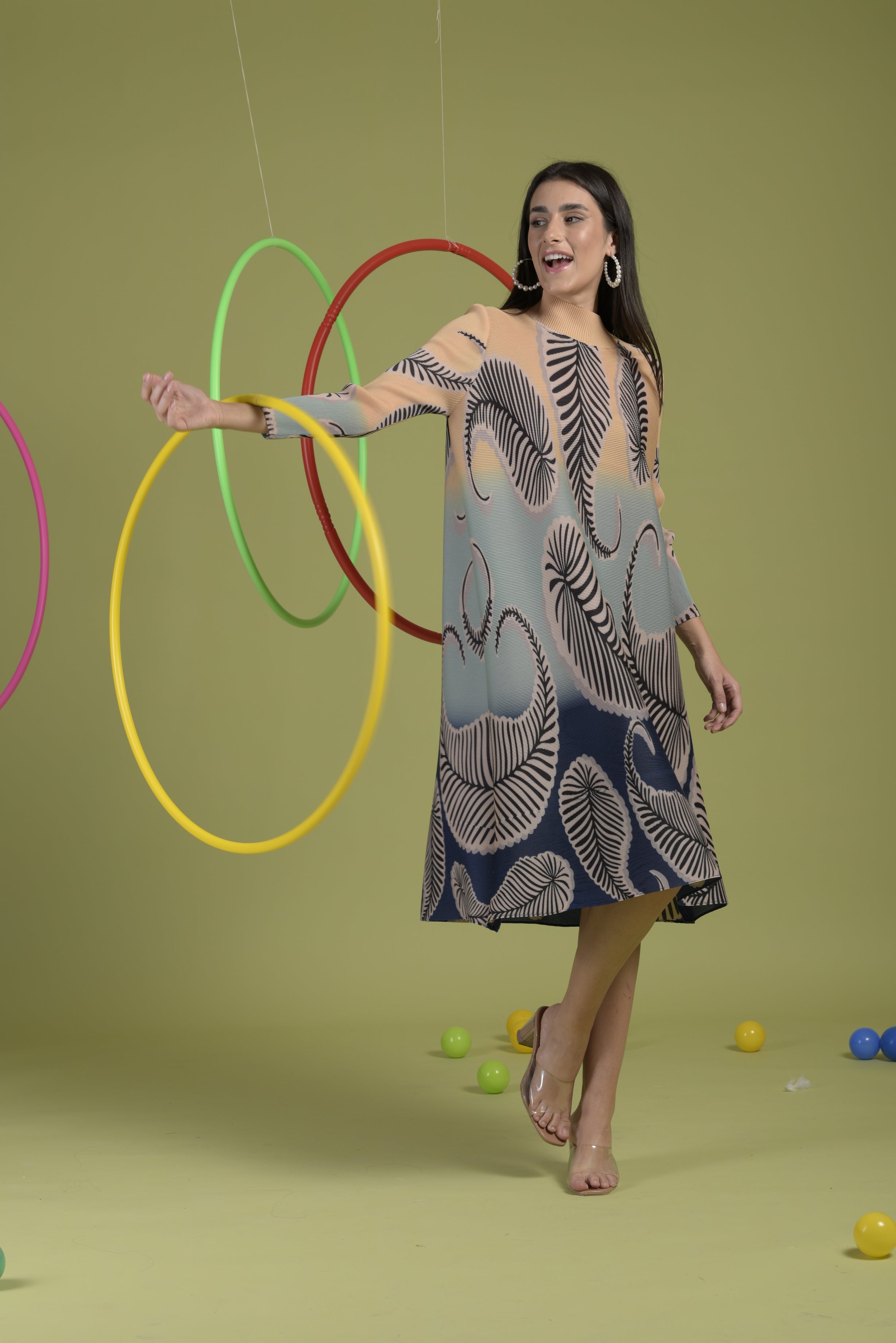 Hazel High Neck Leafy Dress - Orange