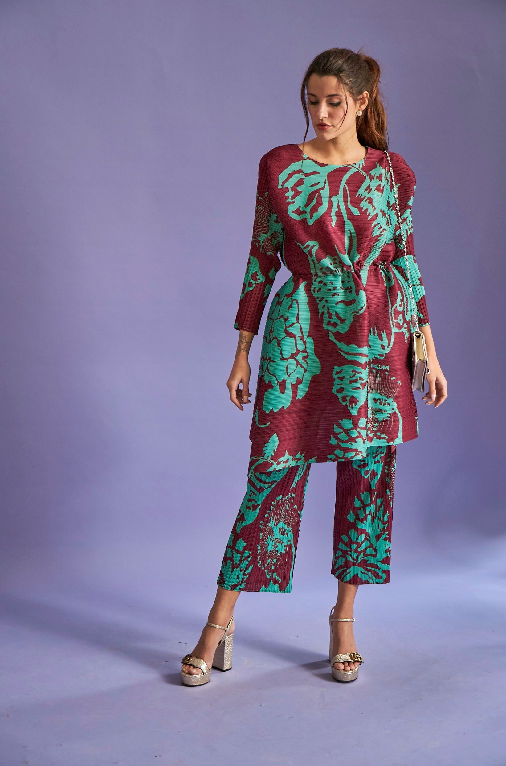 Olivia Printed Cinched-in Co-ord Sets - Maroon Green