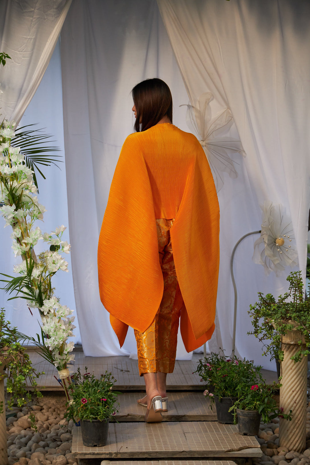 Divine Embroidered Cape with Brocade Pants - Yellow