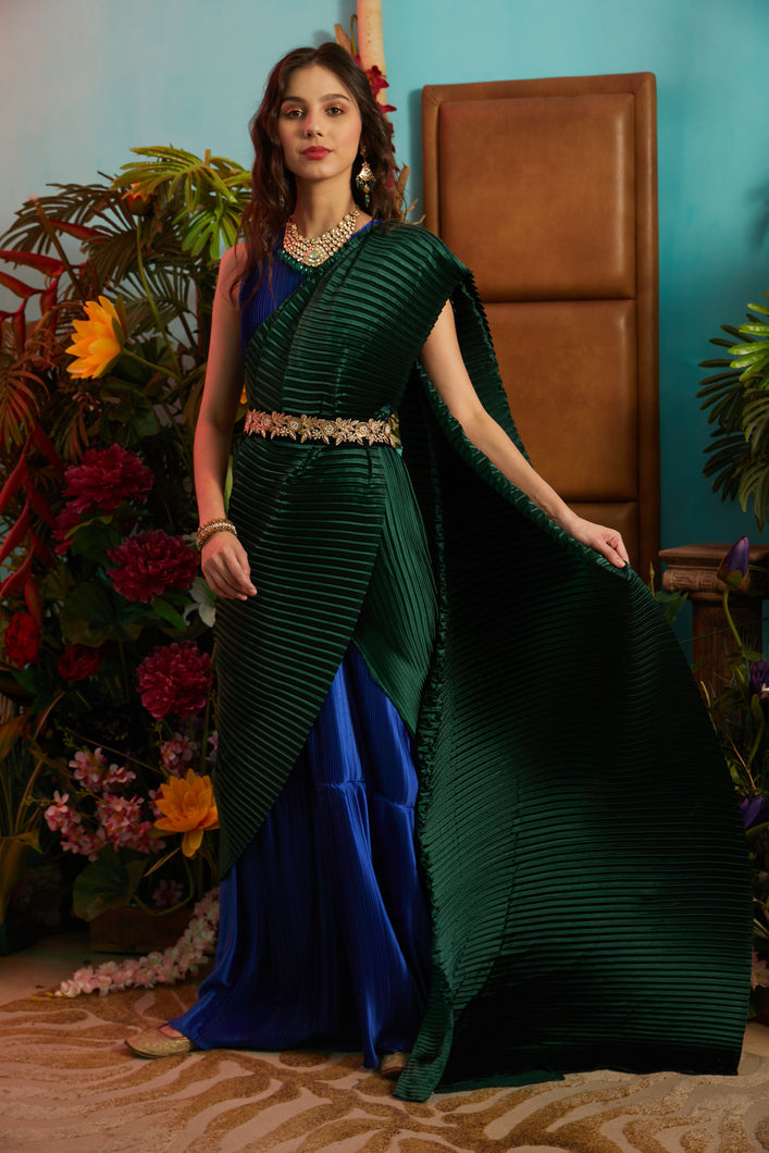 Classy Pleated Colorblock Gown Saree - Electric Blue Gown with Emerald Green Drape