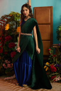 Classy Pleated Colorblock Gown Saree - Electric Blue Gown with Emerald Green Drape