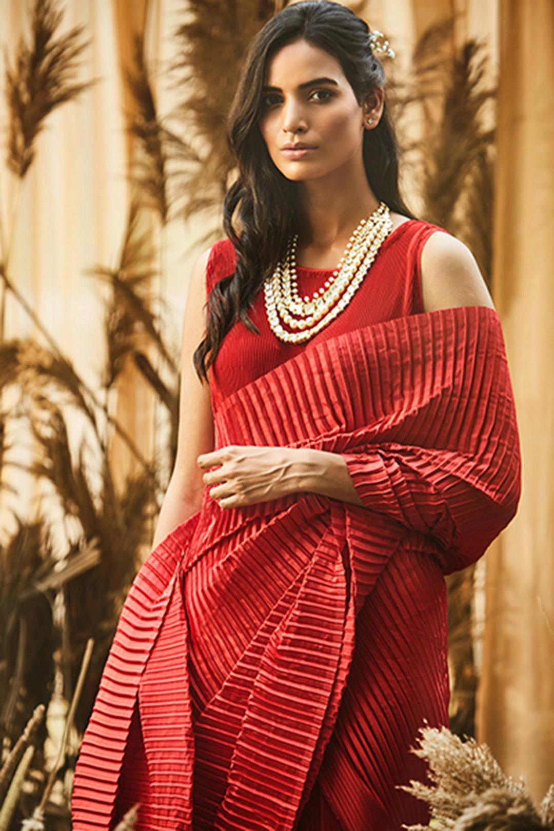 Classy Pleated Gown Saree - Chilli Red