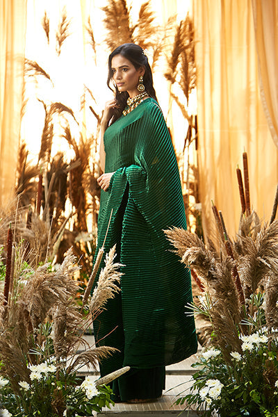 Classy Pleated Gown Saree - Emerald Green