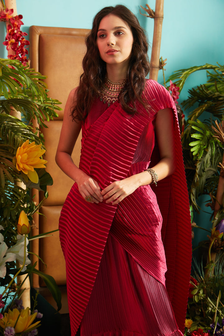 Classy Pleated Gown Saree - Magenta