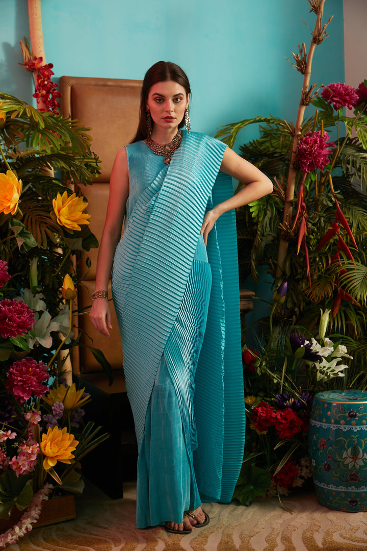 Classy Pleated Gown Saree - Turquoise