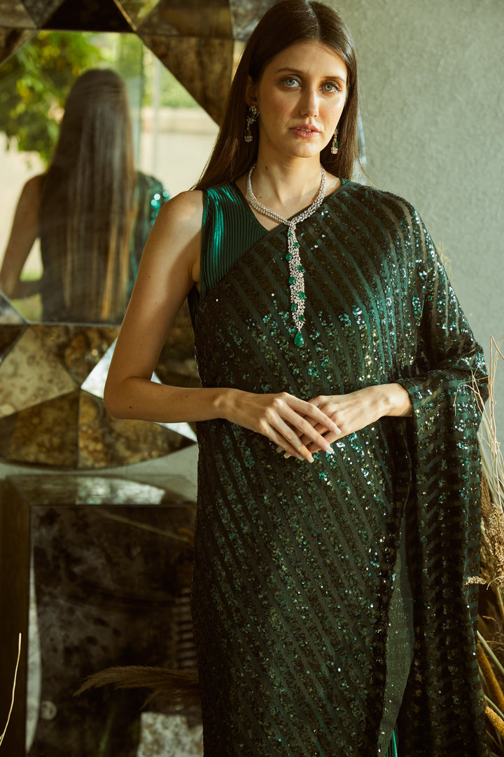 Idylic Adorned Gown Saree With Sequence Palla - Green