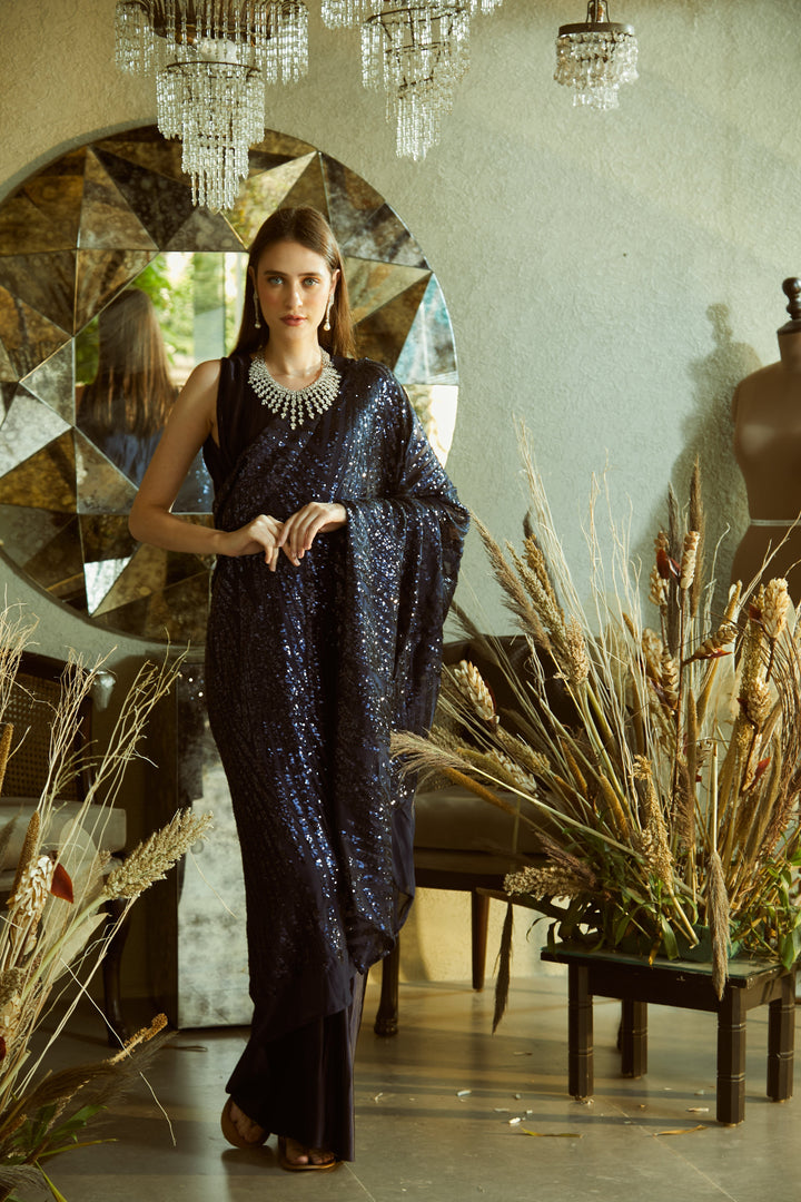 Idylic Adorned Gown Saree With Sequence Palla - Midnight Blue