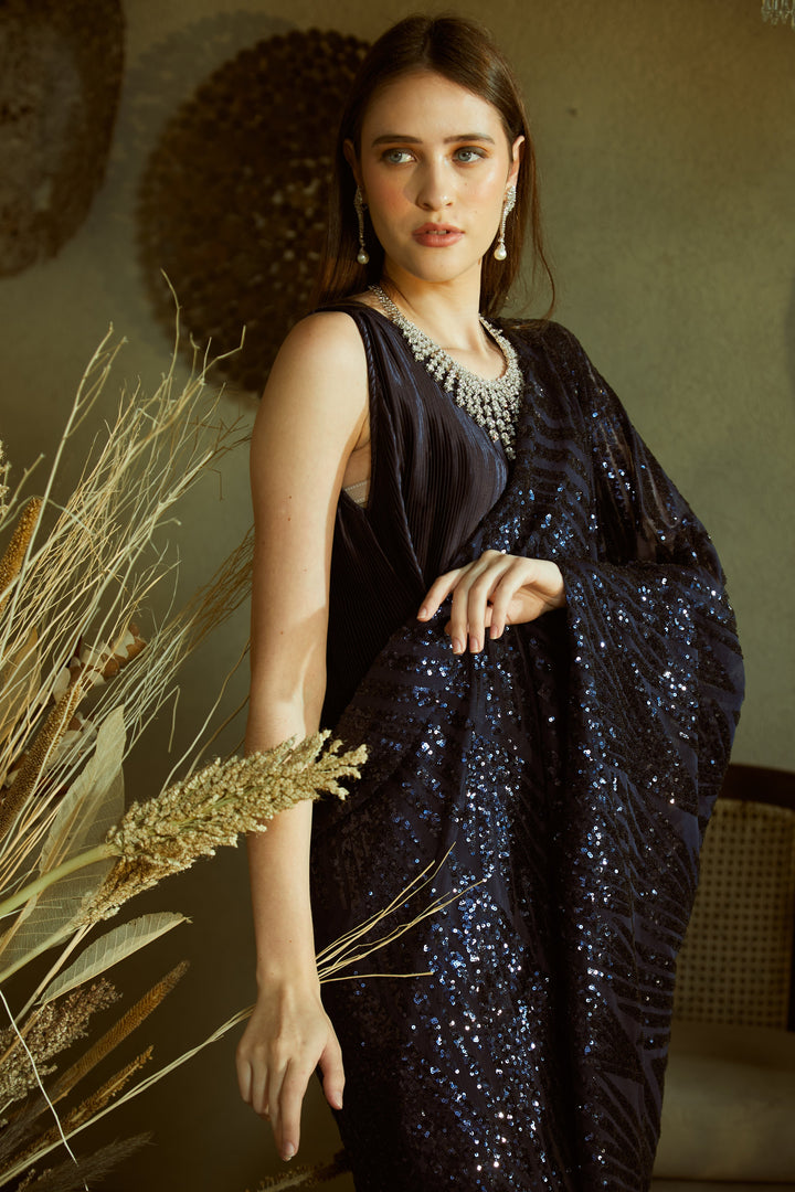 Idylic Adorned Gown Saree With Sequence Palla - Midnight Blue