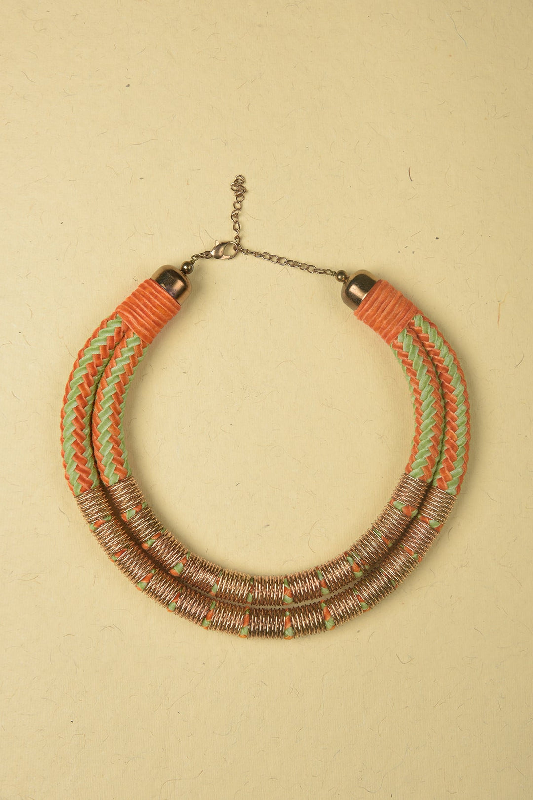 Green & Orange Necklace made of Jute, Suede and Plated Iron Rings