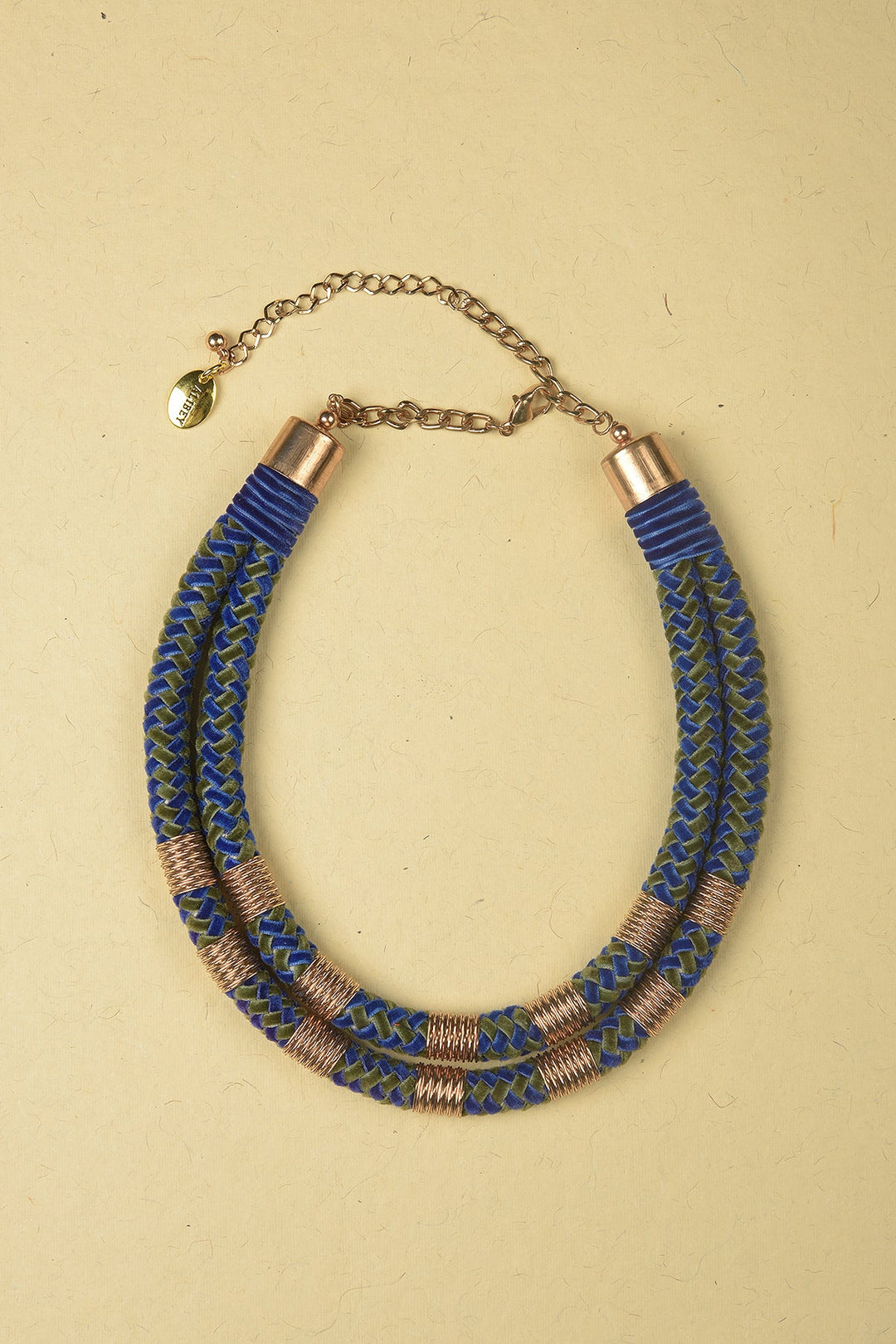 Blue & Dark Green Necklace made of Jute, Suede and Plated Iron Rings