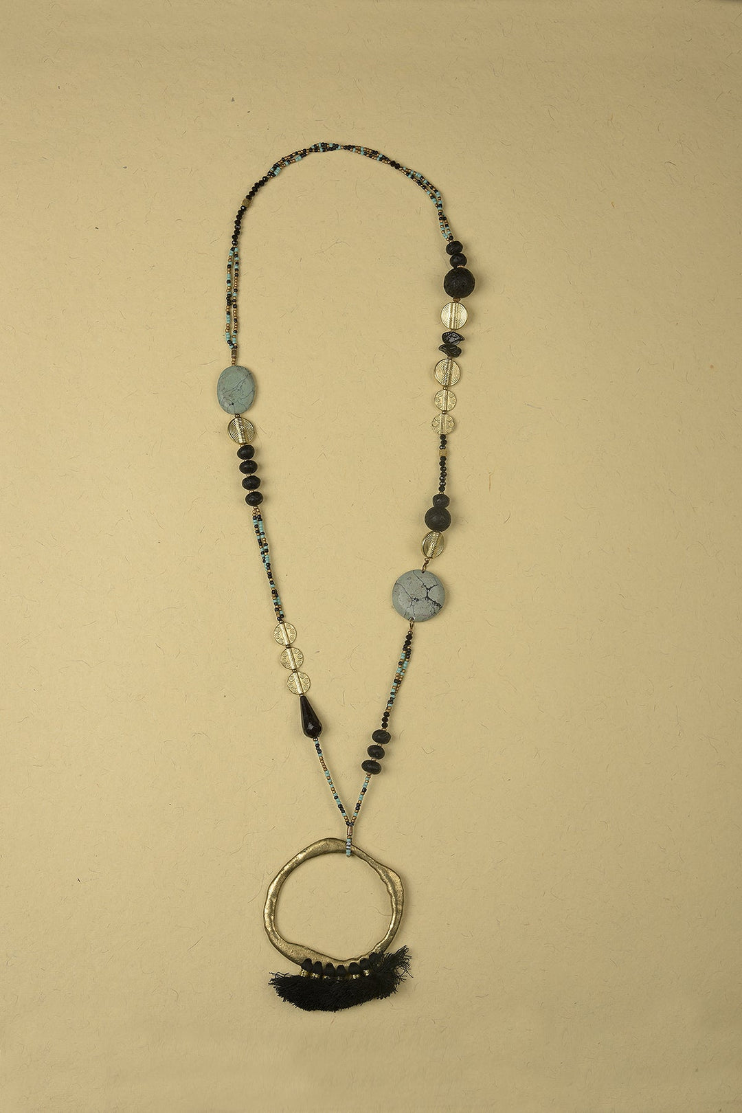 Long Necklace made of Beads, Stones, Thread and Iron Metal