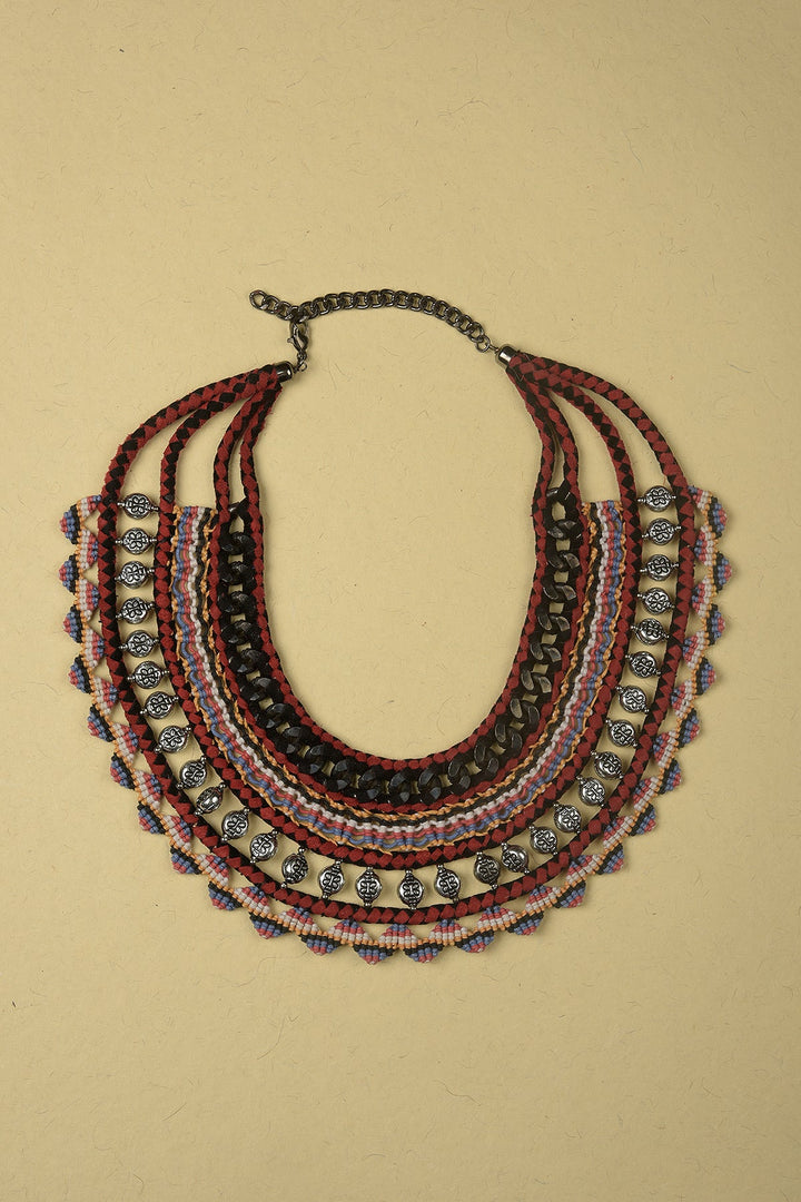 Necklace made of Black Iron Chains, Beads, Suede and Multicolour Threads